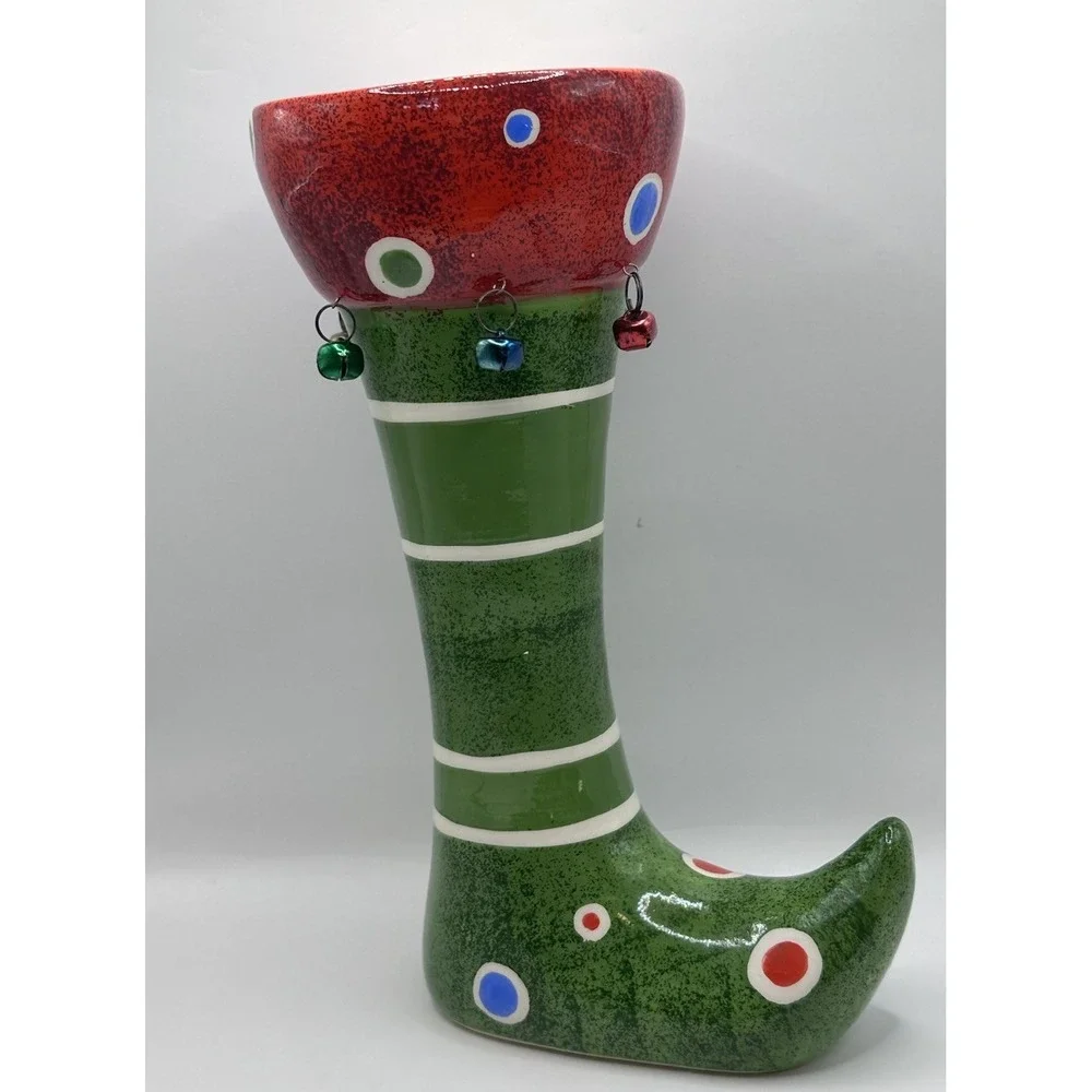 Vintage Christmas Elf Boot Shoe Vase Collectible Holiday Decor Stripes Dots 10